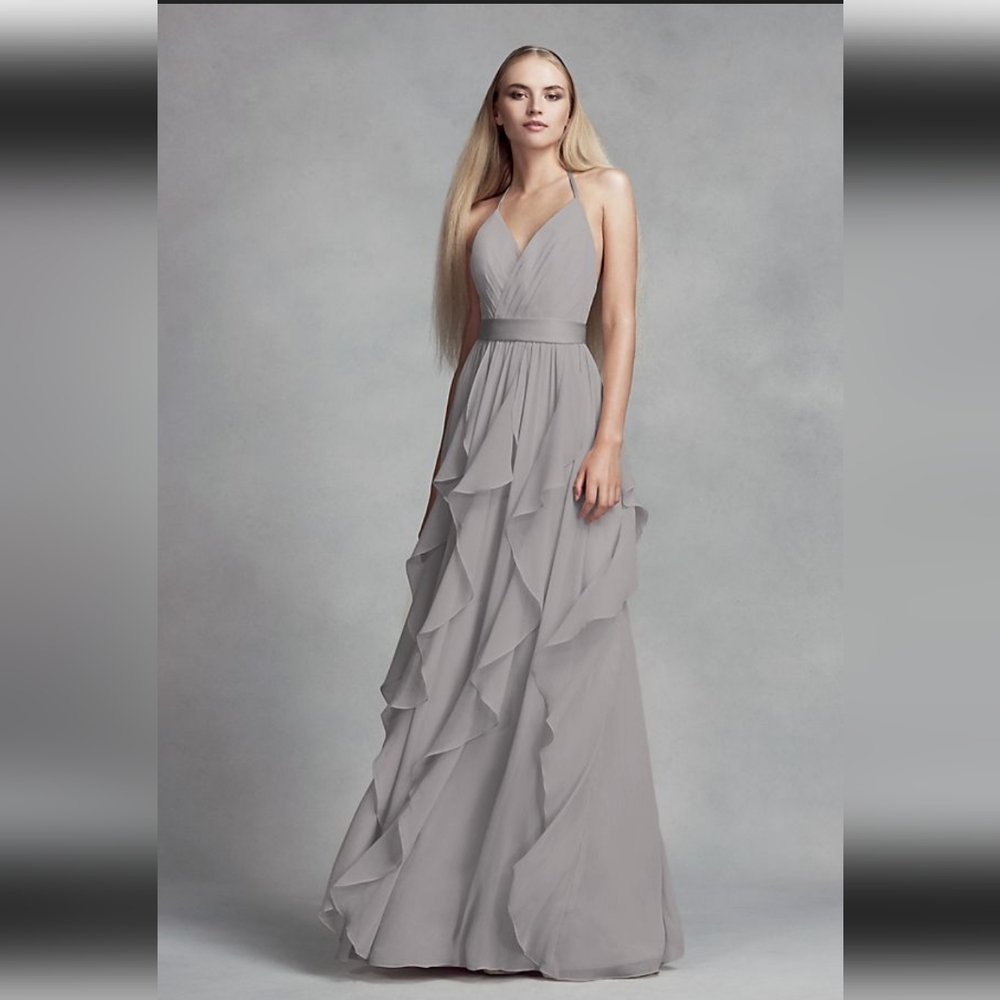 Vera Wang chiffon biscotti cascading ruffles, v neck halter bodice, size 2